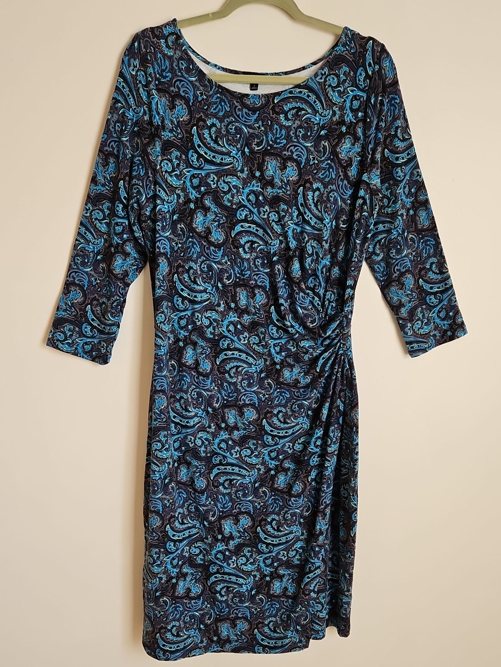 Talbots Side Ruched Paisley Sheath Midi Dress Blue Black 3/4 Sleeves LG Pullon